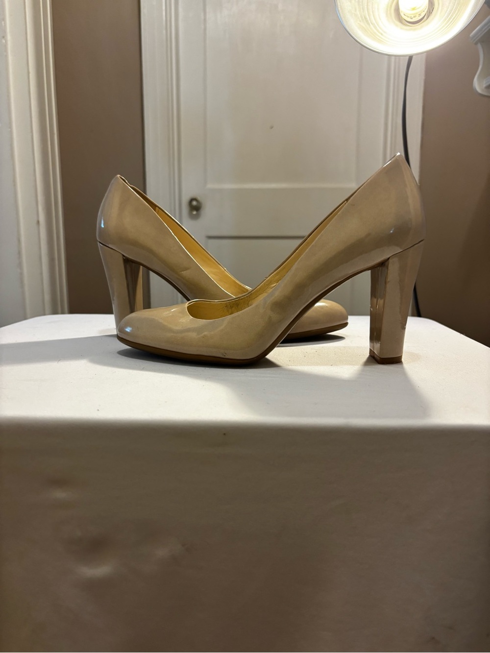 Calvin Klein Nude Patent Block Heel Pumps
